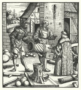 Ærkehertug Maximilian af Østrig rådgiver våbensmede (gravering) af Hans (after) Burgkmair