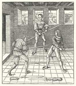 Ærkehertug Maximilian af Østrig lærer kunsten at fægte (gravering) af Hans (after) Burgkmair