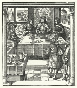 Ærkehertug Maximilian af Østrig besøger sin kommende kone, Maria af Bourgogne, og hendes mor, Isabella af Bourbon (stik) af Hans (after) Burgkmair
