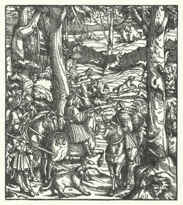 Maximilian I, romernes konge, modtager en besked under jagt (gravering) af Hans (after) Burgkmair