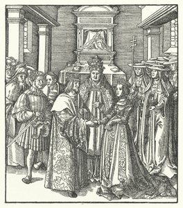 Pave Nicholas V præsiderer over ægteskabet mellem den hellige romerske kejser Frederik III og Eleanor af Portugal i Rom af Hans (after) Burgkmair