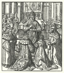 Den hellige romerske kejser Frederik III og kejserinde Eleanor modtager hellig nadver fra paven (gravering) af Hans (after) Burgkmair