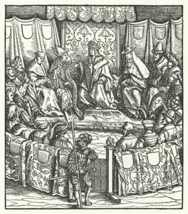 Den hellige romerske kejser Maximilian I forhandler med ungarerne af Hans (after) Burgkmair