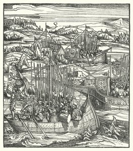 Den hellige romerske kejser Maximilian I med sin flåde ved La Spezia, Italien af Hans (after) Burgkmair