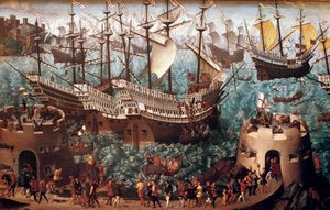 Indskibning af Henrik VIII (1491-1547) i Dover på galionen Henri Grace a Dieu” i anledning af handelen underskrevet med Francois I (Camp du Drap d