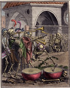 Indgravering af en "Dances macabre"" af Hans Holbein den unge (1497-1543).