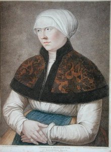Portræt af Holbeins kone, indgraveret af Francesco Bartolozzi (1727-1815) 1796 (stik) af Hans (after) Holbein the Younger