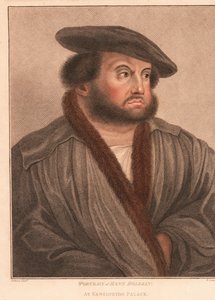 Selvportræt af kunstneren Hans Holbein på Kensington Palace. ,1812 (gravering) af Hans (after) Holbein the Younger
