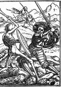 Hans Holbein den unges falske død (1497-1543): soldaten. En soldat bekæmper Døden; ved deres fødder ligger andre krigeres kroppe. Gravering.