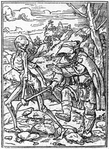 Simuleringerne af Hans Holbein den Yngres død (1497-1543): de blinde. Døden griber den blindes pind og fungerer som en guide. Gravering.