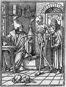 Simuleringerne af Hans Holbein den Yngres død (1497-1543): lægen. Døden kommer mellem lægen og hans patient. Gravering.
