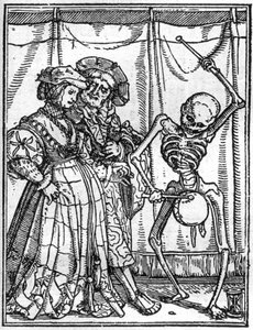 Simuleringerne af Hans Holbeins død (1497-1543): ægtemændene. Døden spiller på tromme foran et par. Gravering.