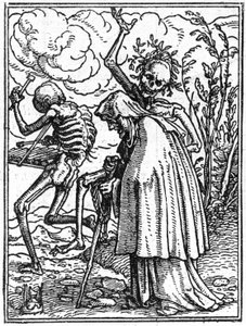 Simuleringerne af Hans Holbein den Yngres død (1497-1543): den gamle. Døden følger en gammel dame til hendes skæbne. Gravering.