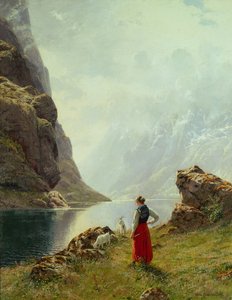 En pige med geder ved en fjord (olie på lærred)