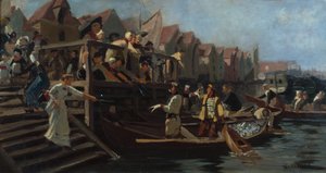 Byder på fiskemarkedet, Bergens Trekant (olie på lærred)