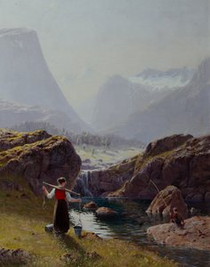 Pige med spande vand og drengefiskeri (olie på lærred)