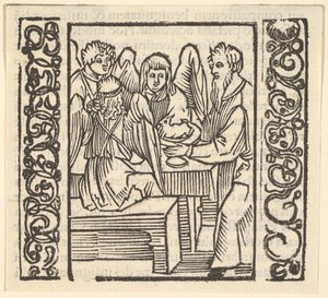 Engle serveret ved et bord, illustration fra Speculum Passionis, 1507, 1507. af Hans Baldung
