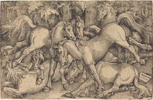 Gruppe på syv heste i skoven af Hans Baldung Grien