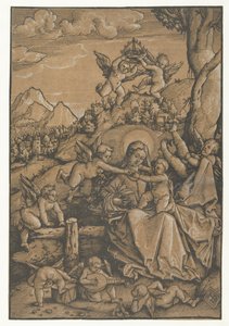 Mary med barn med otte engle i et landskab af Hans Baldung Grien