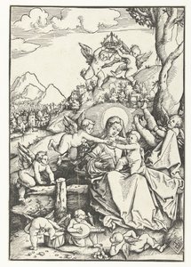 Mary med barn med otte engle i et landskab af Hans Baldung Grien