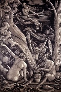 Heksenes sabbat, gravering af Hans Baldung Green, tysk maler, gravør og tegneserietegner (1484-1545).