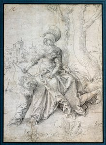 Kvinden, der rider på manden: Phyllis sidder på ryggen af Aristoteles, der går på alle fire. Tegning af Grien Hans Baldung (1484-1545) Ec. Alle.