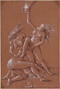 Nytårshilsen med tre hekse - kunstværk af Hans Baldung (1484-1545) blæk og hvidt kridt på papir af Hans Baldung Grien