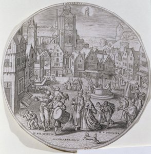 januar, der viser borgere, der fejrer 12. nat på markedspladsen i Bergen, fra et sæt på tolv 