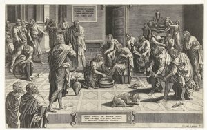 Christ wast de voeten van de discipelen Alles Herre bøjer sig ned på sine knæ for at vaske sine tjeneres fødder, et eksempel på enestående ydmyghed (titel på objekt) af Hans Collaert (I) (attributed to)