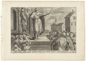 Rechabeam svarede folk Geschiedenis van Jeroboam en Rechabeam (serietitel) Skatkammeret for de hellige historier i Det Gamle Testamente (...) (serietitel) af Hans Collaert (I) (attributed to)
