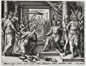 Solomon ontangt de koningin van Seba Geschiedenis van Salomo (serietitel) Kong Salomons historie (...) (serietitel) Skatten af ​​det gamle testamentes hellige historie, udvalgt med de mest fremragende billeder udtrykt i denne kunst af Hans Collaert (I) (attributed to)