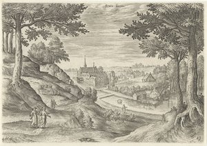 Udsigt over klosteret Zevenborren Seuen burre (titel på objekt) Seværdigheder fra Bruxelles-området (serietitel) af Hans Collaert (I)