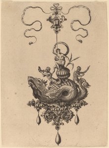 Design til et vedhæng med havmonster, der bærer en kvinde på en skal flankeret af en triton og en mand med en åre