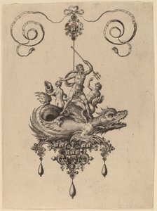 Design til et vedhæng med et havmonster, der bærer Neptun flankeret af to figurer