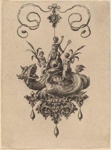 Design til et vedhæng med et havmonster, der bærer Neptun flankeret af to Nereider