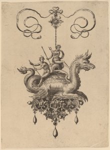 Design til et vedhæng med et havmonster, der bærer Neptun på en urne flankeret af en flodgud med en åre