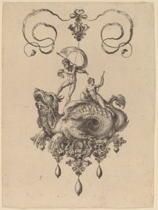 Design til et vedhæng med et havmonster, der bærer Thetis og en mand med et sejl