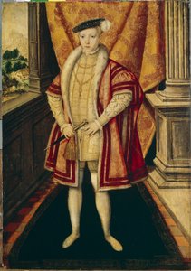 Portræt af kong Edward VI (1537-1553) af England og Irland (Portræt af kong Edward VI af England). tredje hersker af Tudor-dynastiet, han var den første protestantiske hersker, der besteg tronen. Maleri af Hans Eworth (Ewouts) (ca