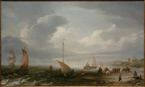 Stranden ved Egmond an Zee med fiskere, der losser deres fangst af Hans Goderis