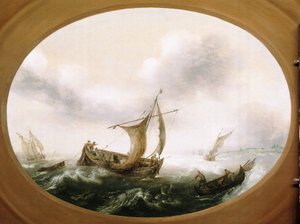 Hollandske fiskerbåde fanget i en stor brise, en mindre båd, der sejler ned, til højre, med fiskere, der trækker nettene. af Hans Goderis