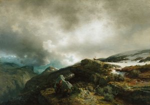 Højtliggende bjerglandskab med rensdyrjægere (maleri)