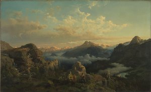 Det norske højland i Sunrise af Hans Gude