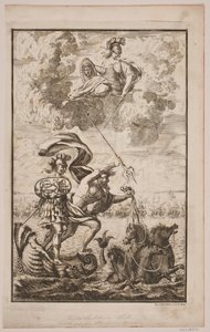 Neptun farende over havet. Titelblad til Fontenay, "Söe-Evolution"; København 1743 af Hans Henrich Christian Ulrich
