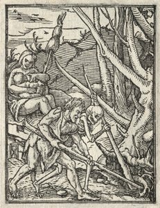 Dødedansen: Udvisning fra paradis; Adam dyrker jorden af Hans Holbein
