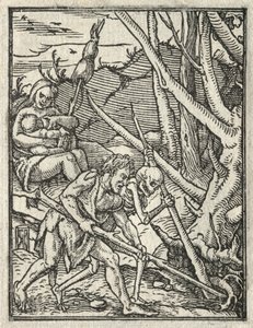 Dødedansen: Udvisning fra paradis, Adam dyrker jorden. af Hans Holbein