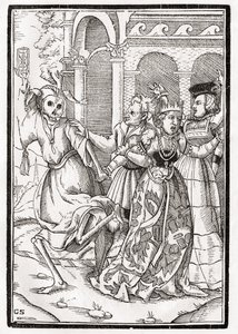 Døden kommer til dronningen, graveret af Georg Scharffenberg, fra "Der Todten Tanz", udgivet i Basel, 1843 af Hans Holbein der Jüngere
