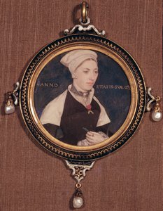 Miniatureportræt af Jane Small, tidligere kendt som Mrs. Robert Pemberton, ca. 1540 (wc på pergament monteret på spillekort)