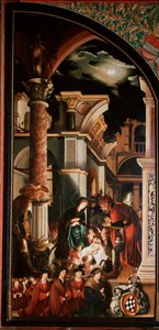 Altertavle Oberried: “Hyrdernes tilbedelse”” Detrempe på træ af Hans Holbein den Unge (1497/8-1543) 1521-1522 Søn. 231x109 cm Cathedrale de Fribourg, Schweiz af Hans Holbein der Jüngere