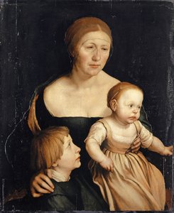 Portræt af kunstnerens hustru med de to ældre børn, 1528-29 (blandet medier på papir monteret på træ)