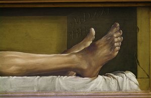 The Body of the Dead Christ, detalje af fødderne og signatur og dato for værket, 1521 tempera på limewood af Hans Holbein der Jüngere